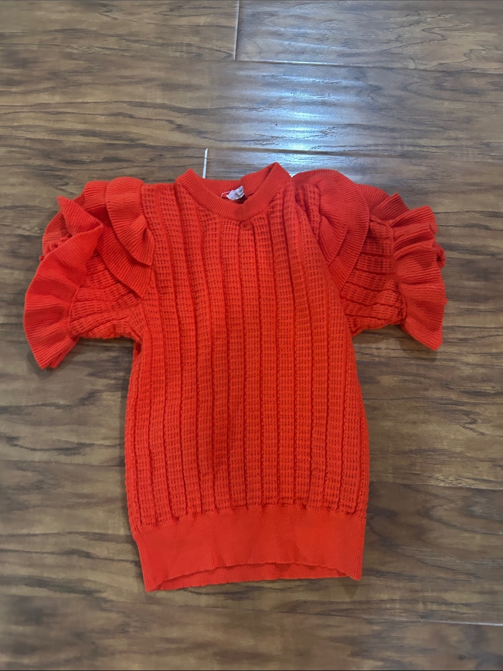 THML Vibrant Orange-Red Ruffle Sleeve Knit Top